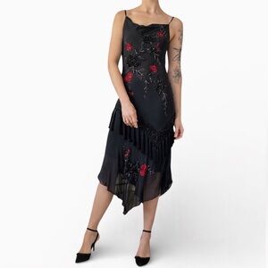 Vintage Cache Black Silk Beaded Rose Asymmetrical Midi Evening Dress 90s Size 8